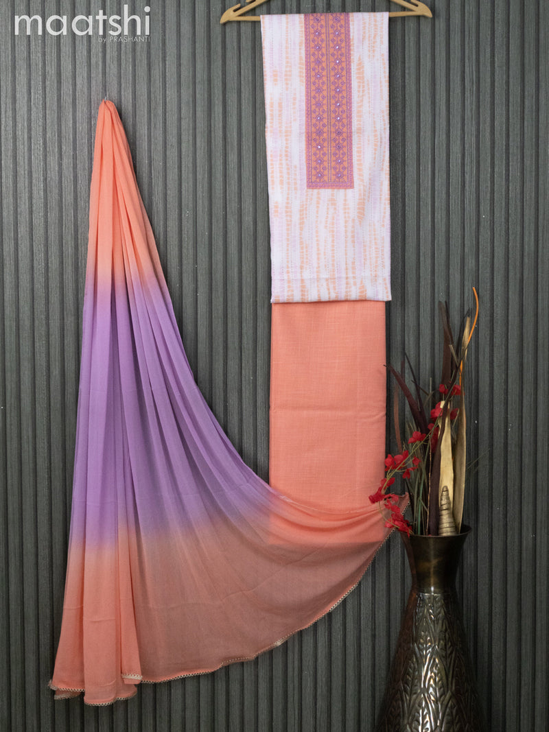 Cotton dress material off white and peach orange with tie & dye prints & embroidery work neck pattern and bottom & chiffon dupatta