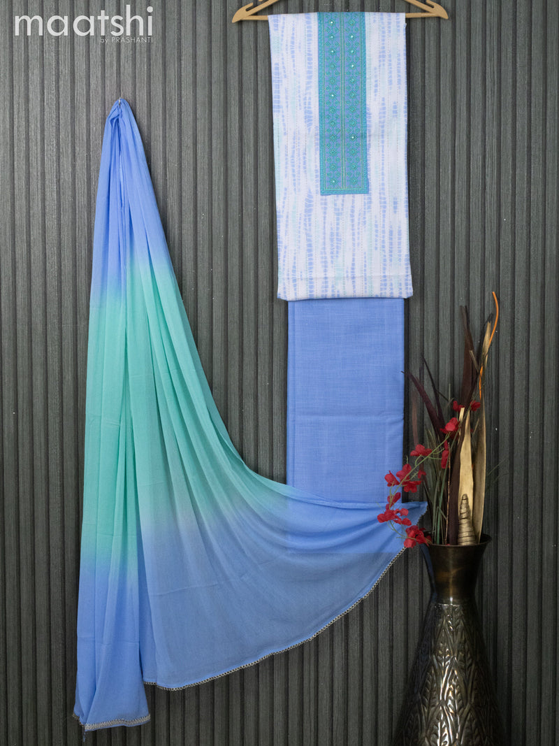 Cotton dress material off white and light blue with tie & dye prints & embroidery work neck pattern and bottom & chiffon dupatta