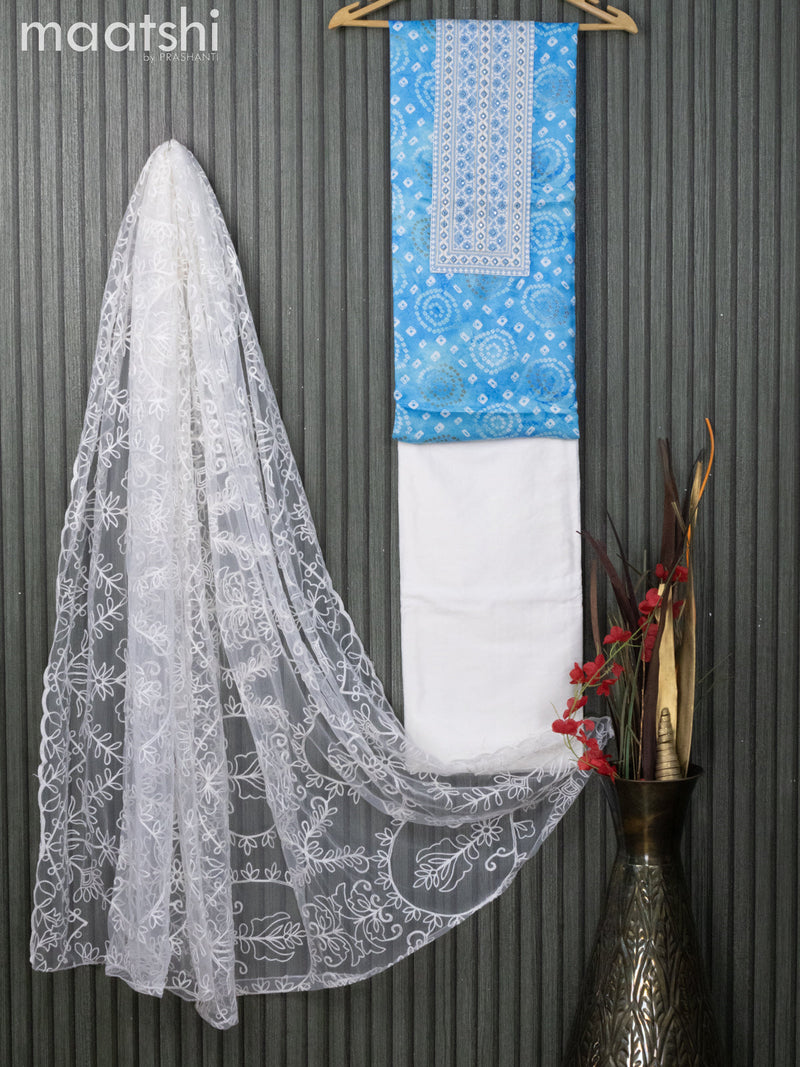 Satin dress material light blue and off white with allover badhani prints & embroidery work neck pattern and bottom & nettted embroidery dupatta