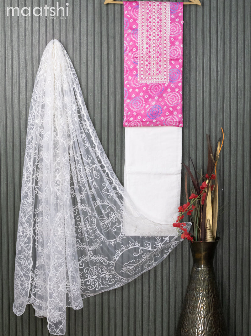 Satin dress material pink and off white with allover badhani prints & embroidery work neck pattern and bottom & nettted embroidery dupatta