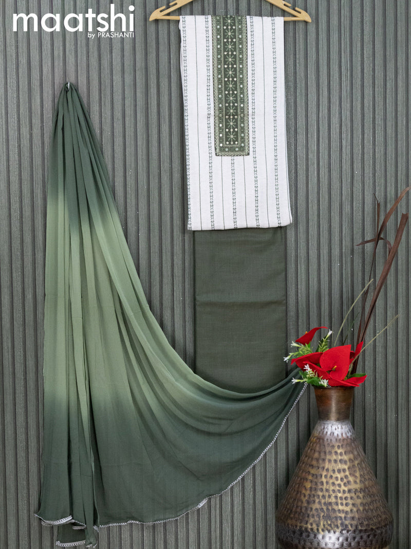 Cotton dress material off white and green with allover thread weaves & embroidery work neck pattern and bottom & chiffon dupatta