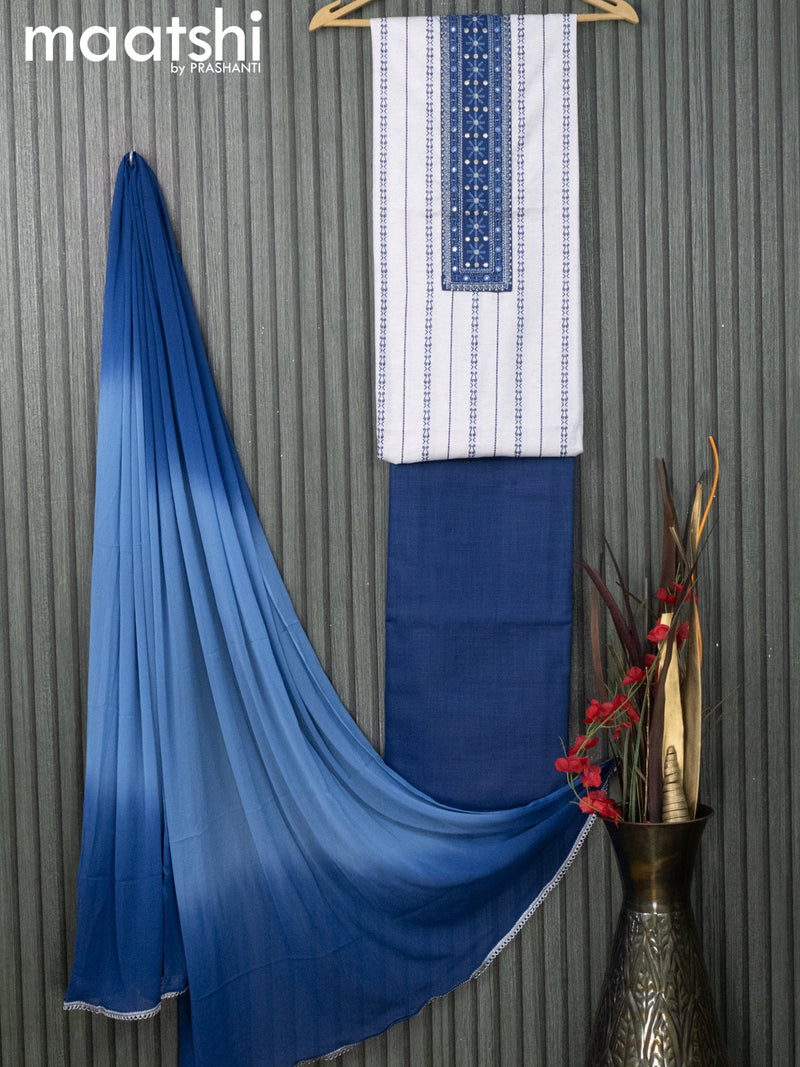 Cotton dress material off white and blue with allover thread weaves & embroidery work neck pattern and bottom & chiffon dupatta