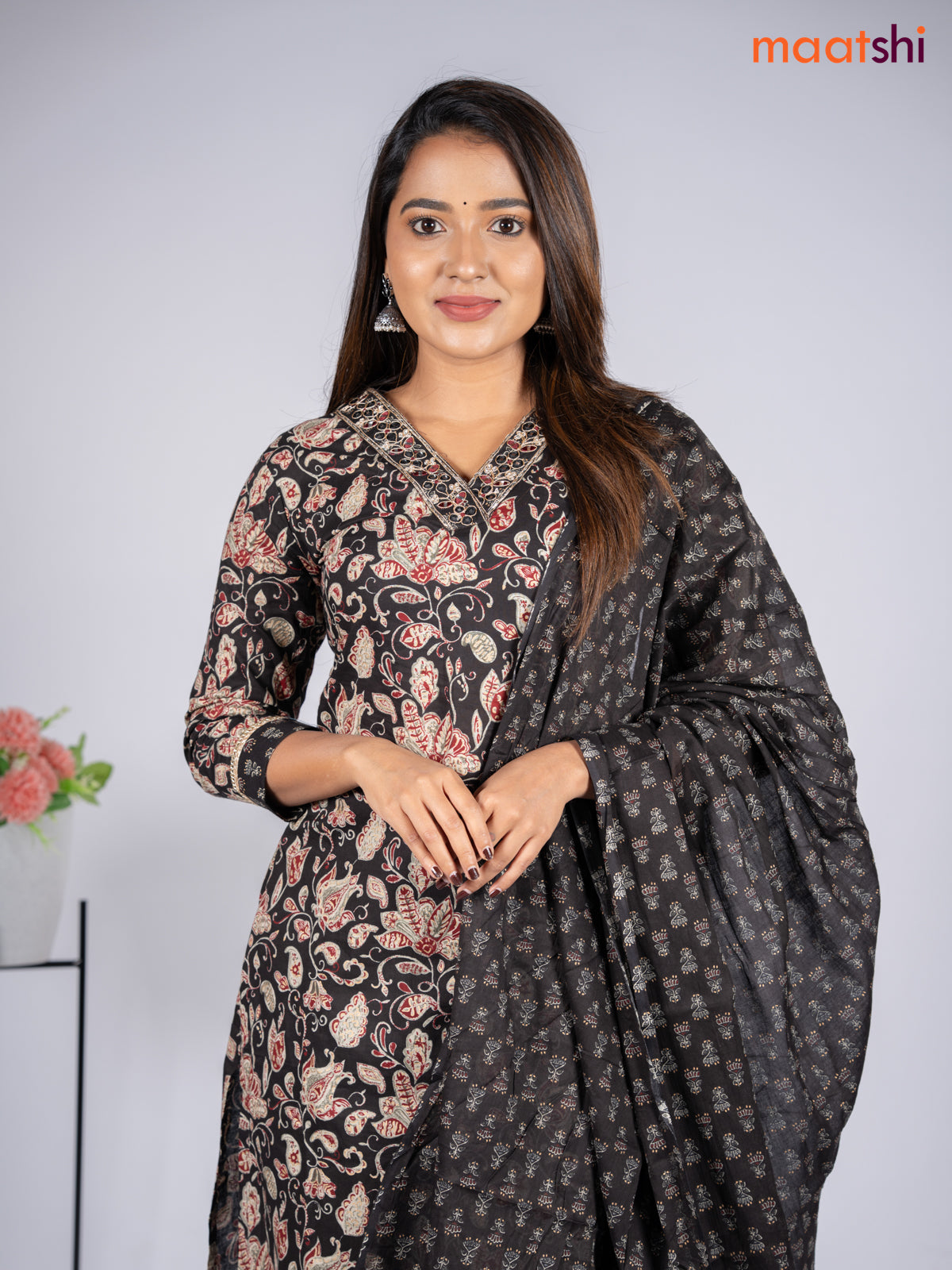 Cotton salwar suit black with allover kalamkari prints & embroidery mirror work v neck pattern and straight cut pant & dupatta