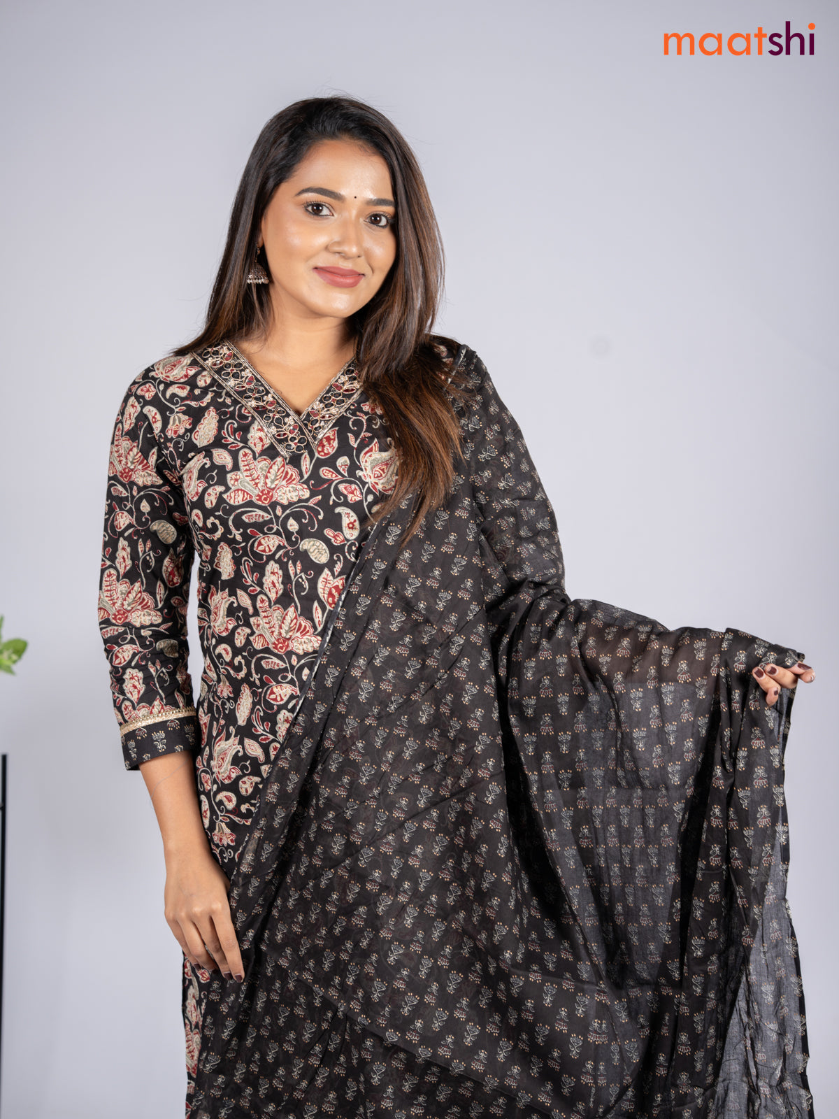 Cotton salwar suit black with allover kalamkari prints & embroidery mirror work v neck pattern and straight cut pant & dupatta