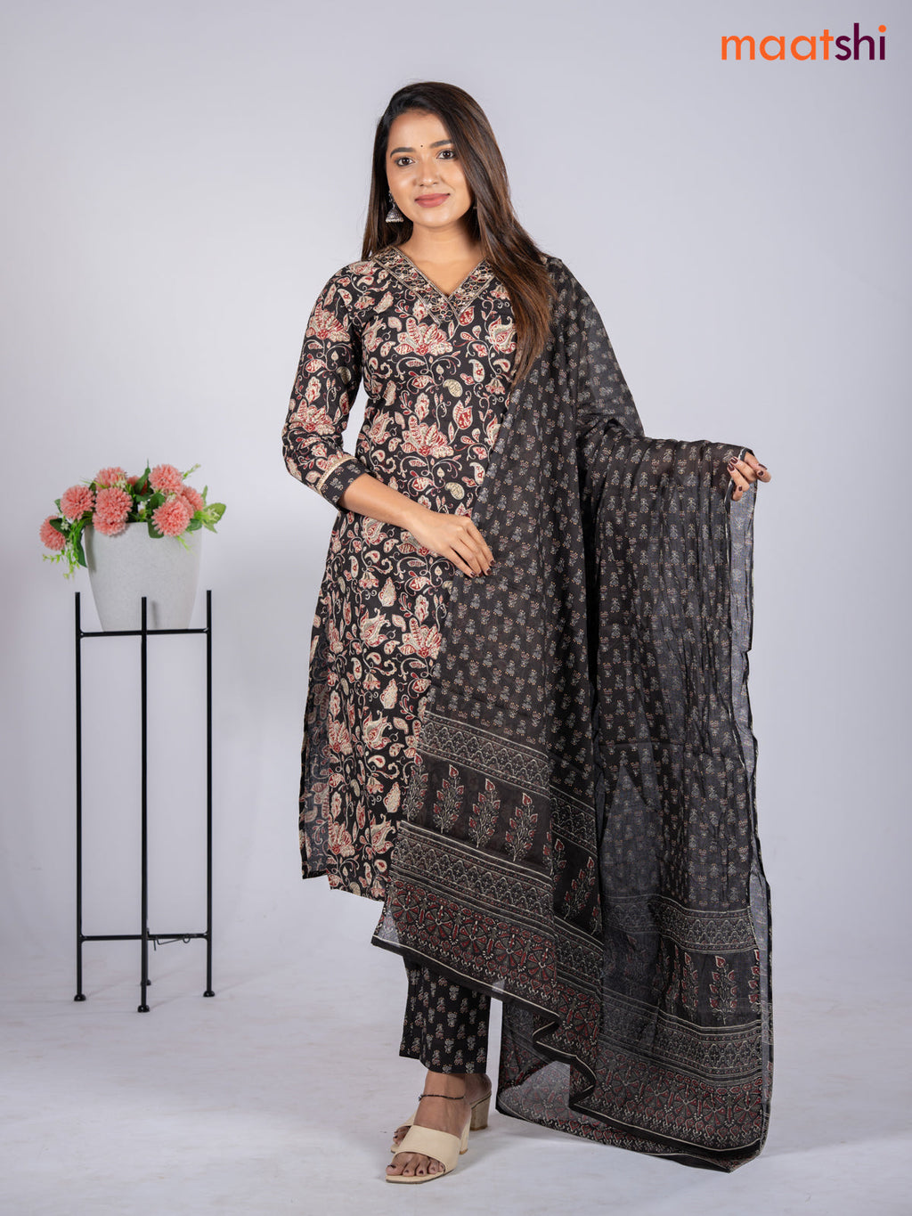 Cotton salwar suit black with allover kalamkari prints & embroidery mirror work v neck pattern and straight cut pant & dupatta