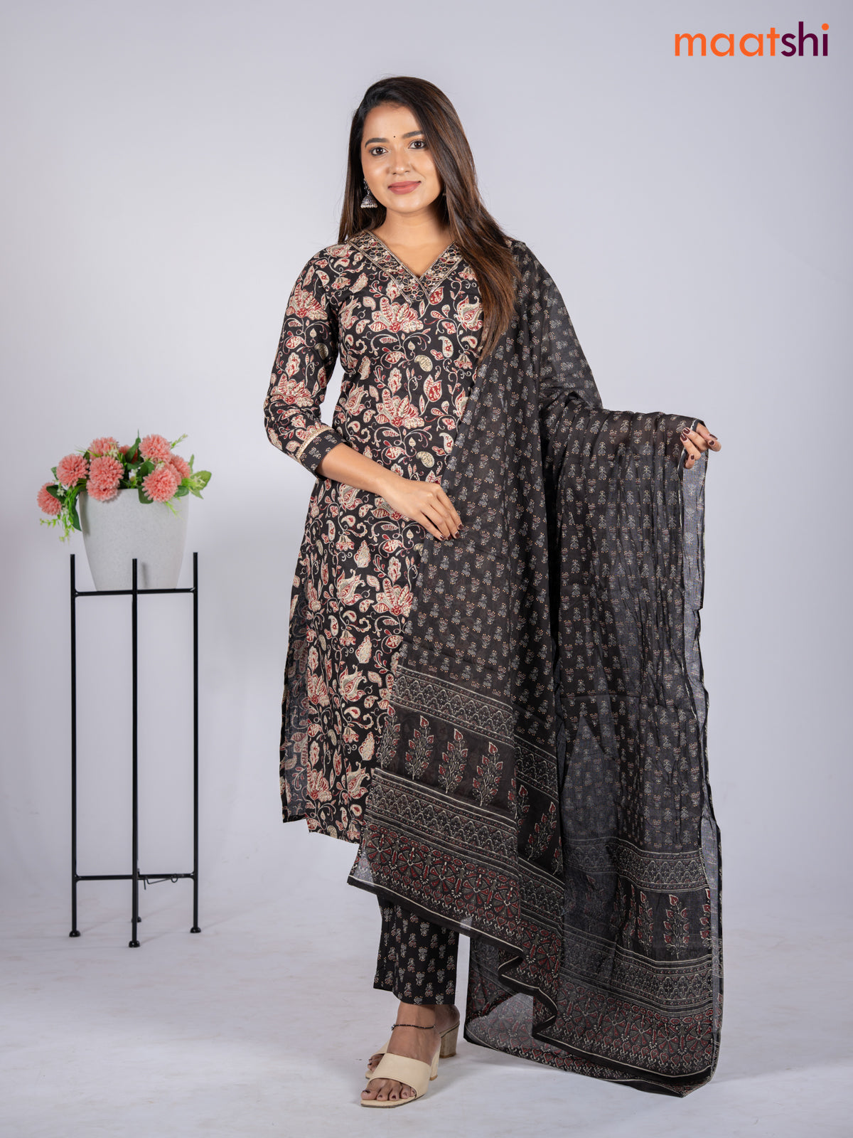 Cotton salwar suit black with allover kalamkari prints & embroidery mirror work v neck pattern and straight cut pant & dupatta