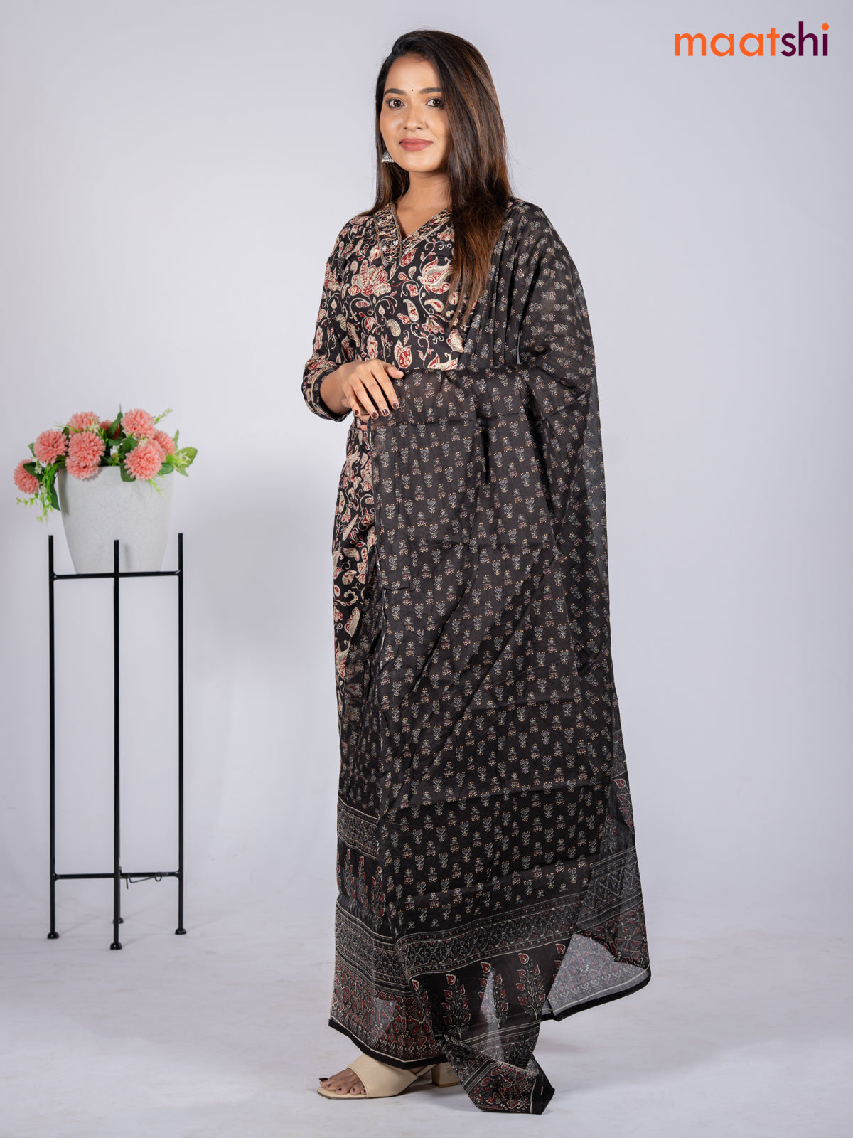 Cotton salwar suit black with allover kalamkari prints & embroidery mirror work v neck pattern and straight cut pant & dupatta