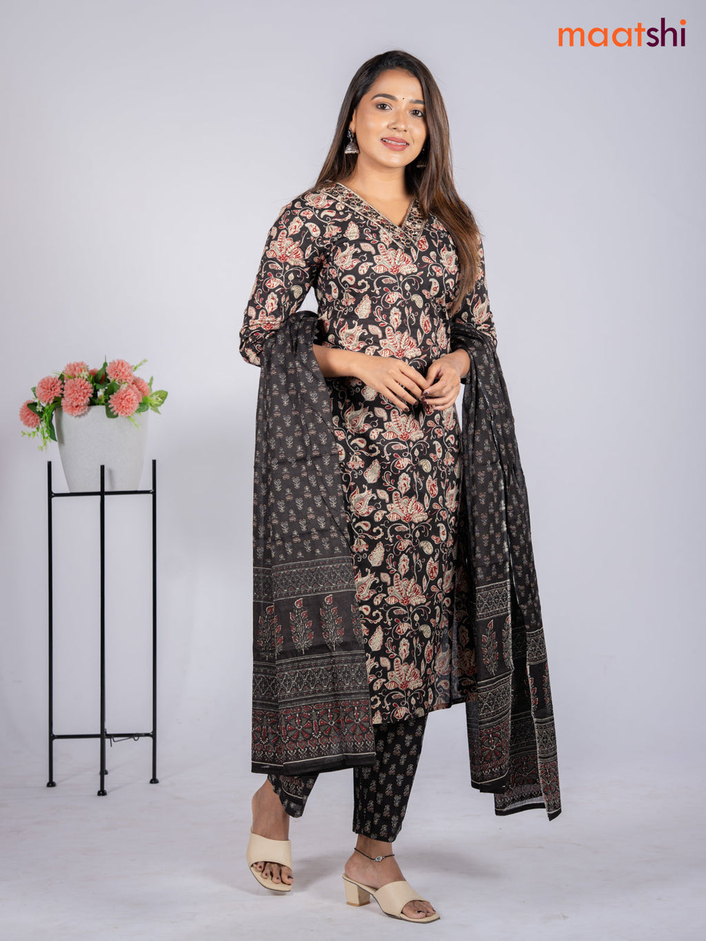 Cotton salwar suit black with allover kalamkari prints & embroidery mirror work v neck pattern and straight cut pant & dupatta