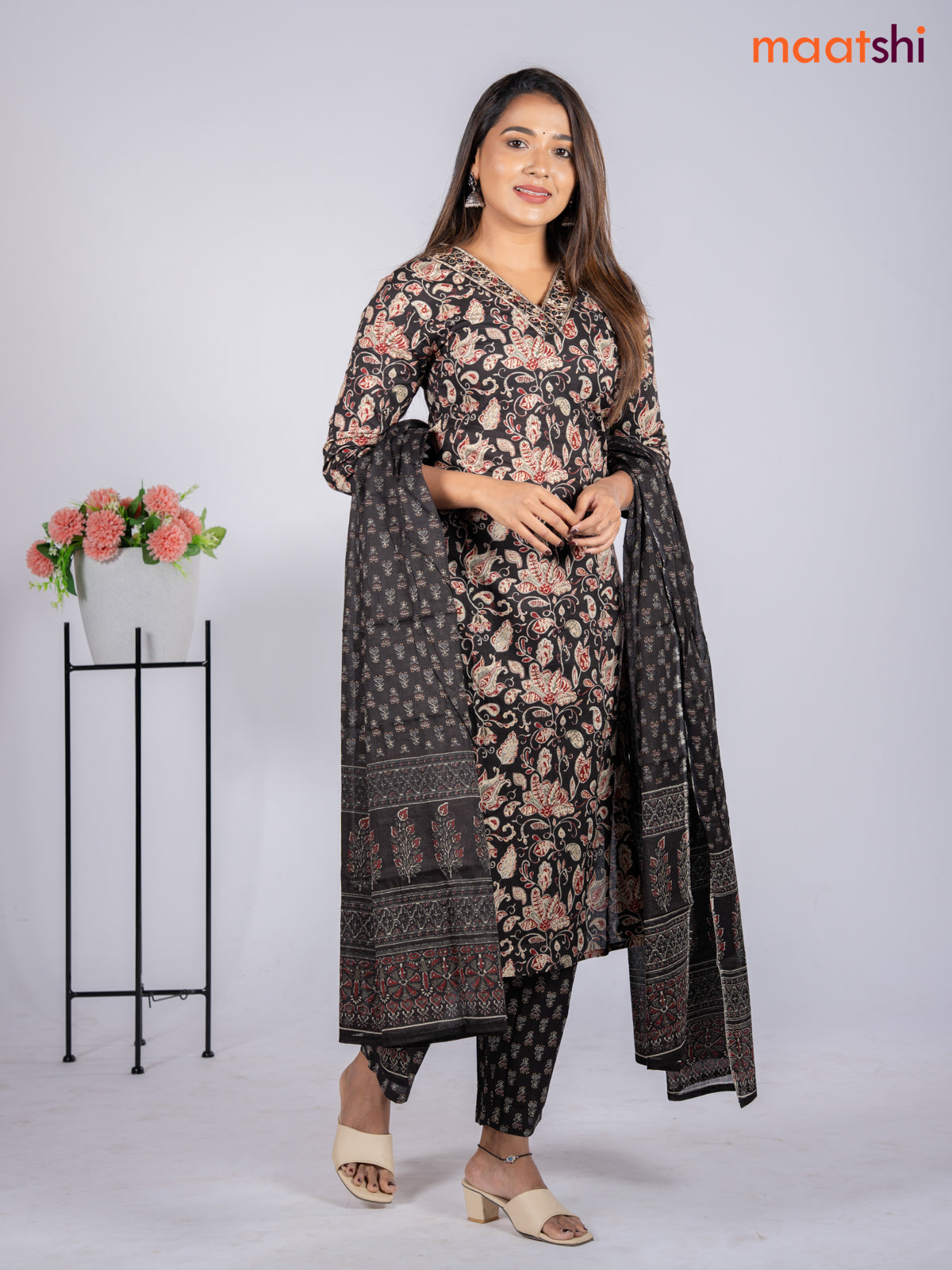 Cotton salwar suit black with allover kalamkari prints & embroidery mirror work v neck pattern and straight cut pant & dupatta