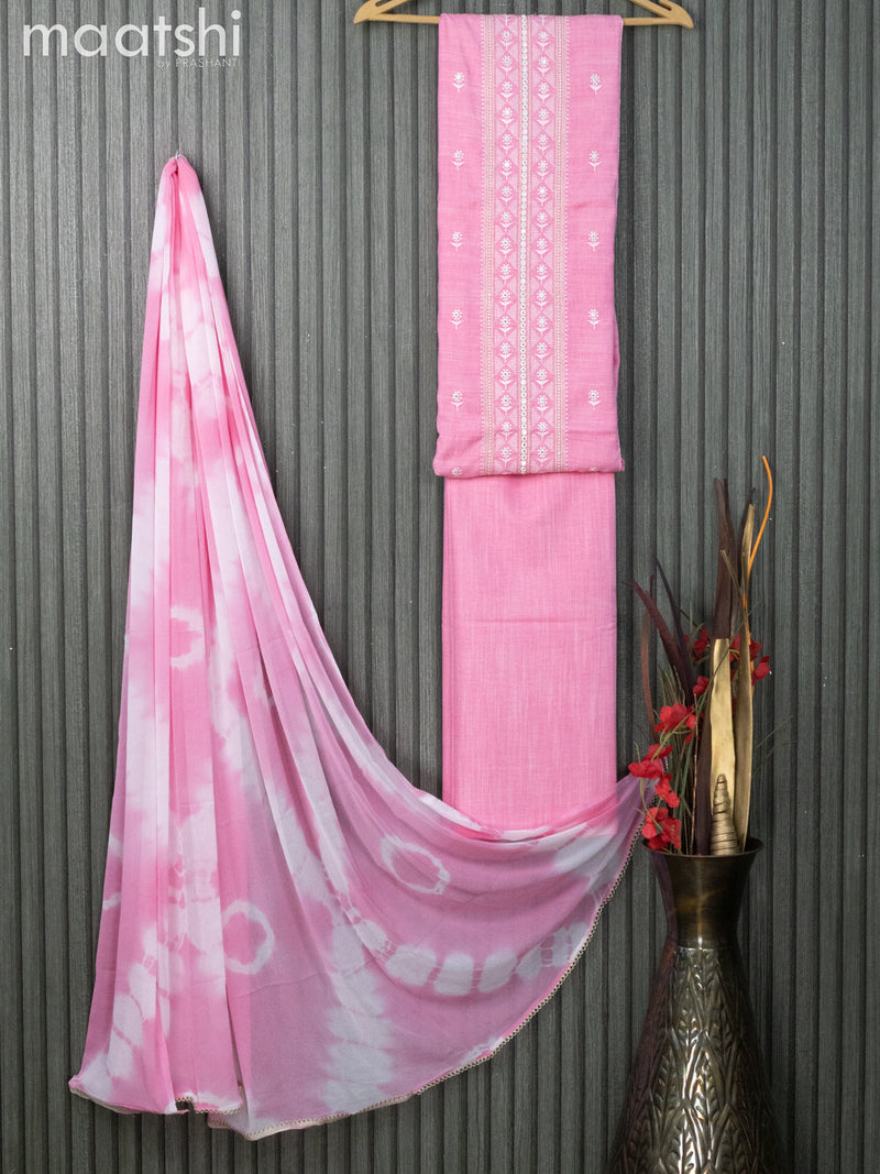 Cotton dress material light pink  with embroidery work neck pattern and bottom & chiffon dupatta