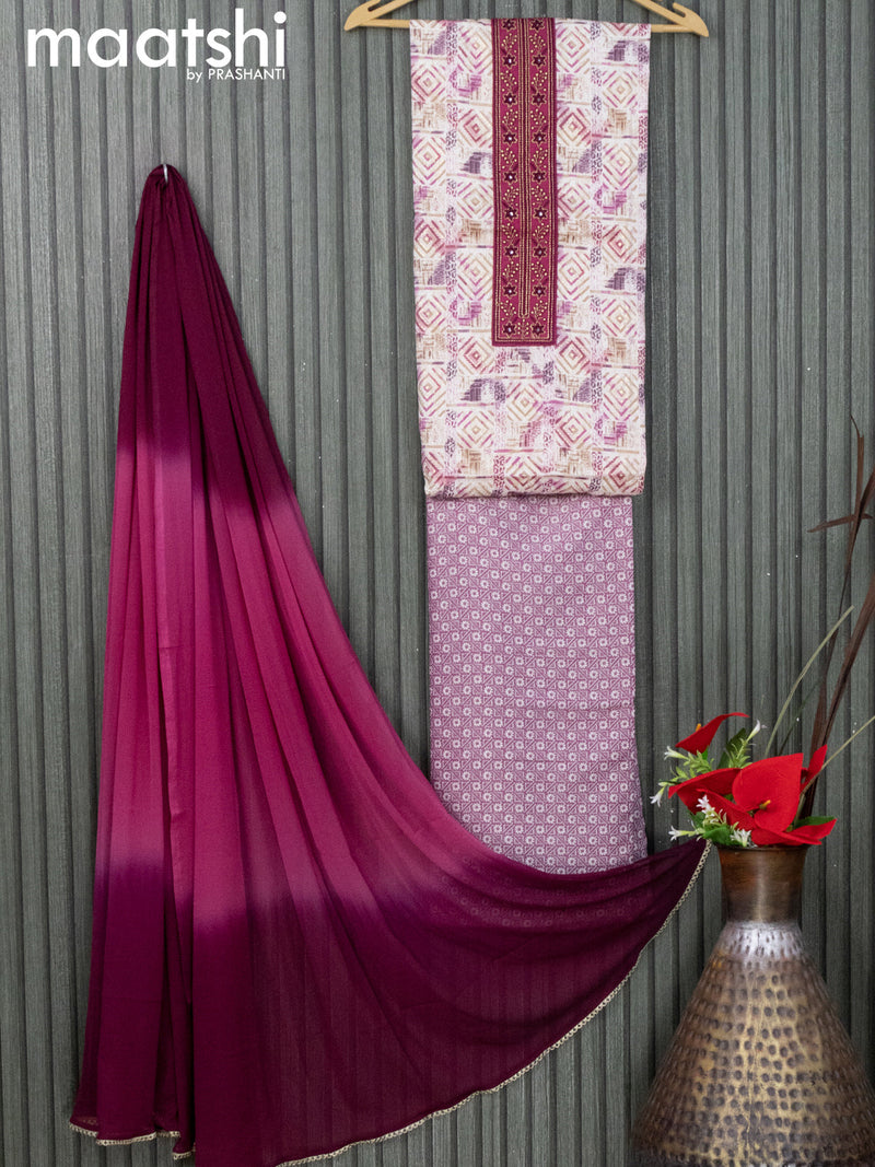 Cotton dress material cream and magenta pink with allover geometric prints & embroidery work neck pattern and bottom & chiffon dupatta