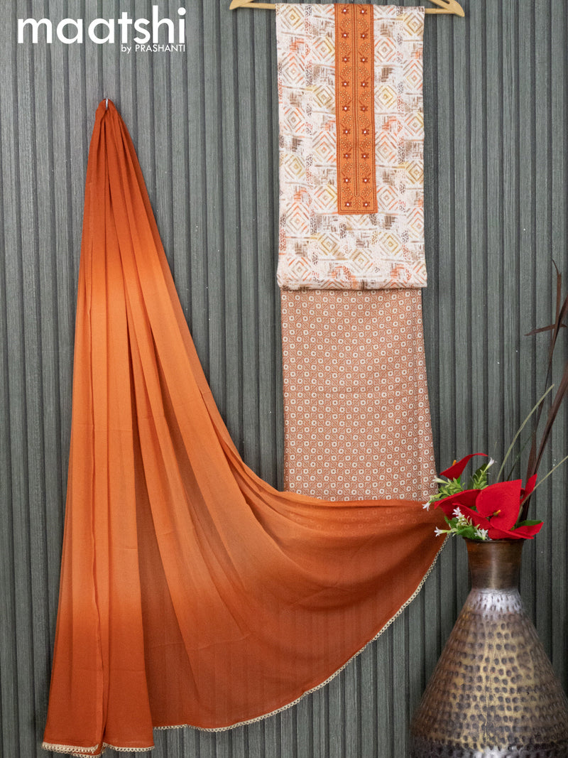 Cotton dress material cream and orange with allover geometric prints & embroidery work neck pattern and bottom & chiffon dupatta
