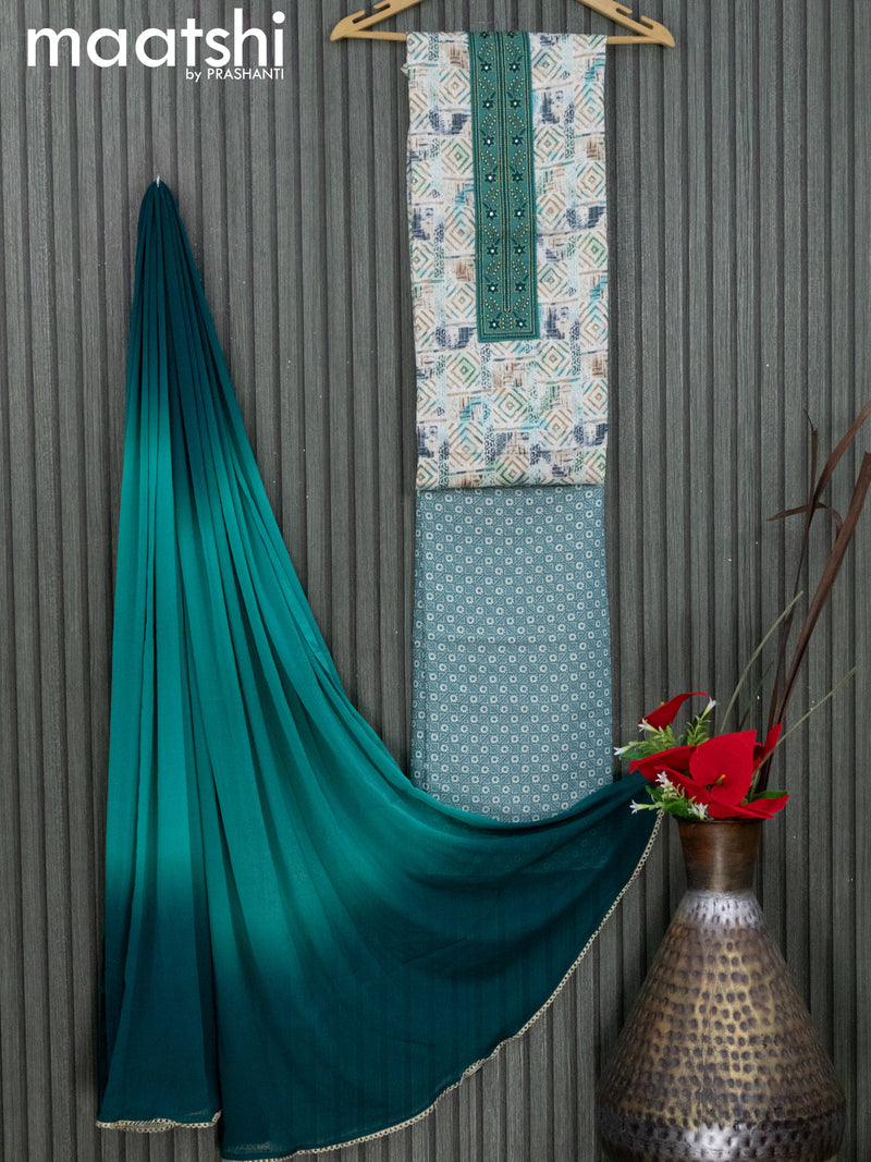 Cotton dress material off white and teal green with allover geometric prints & embroidery work neck pattern and bottom & chiffon dupatta