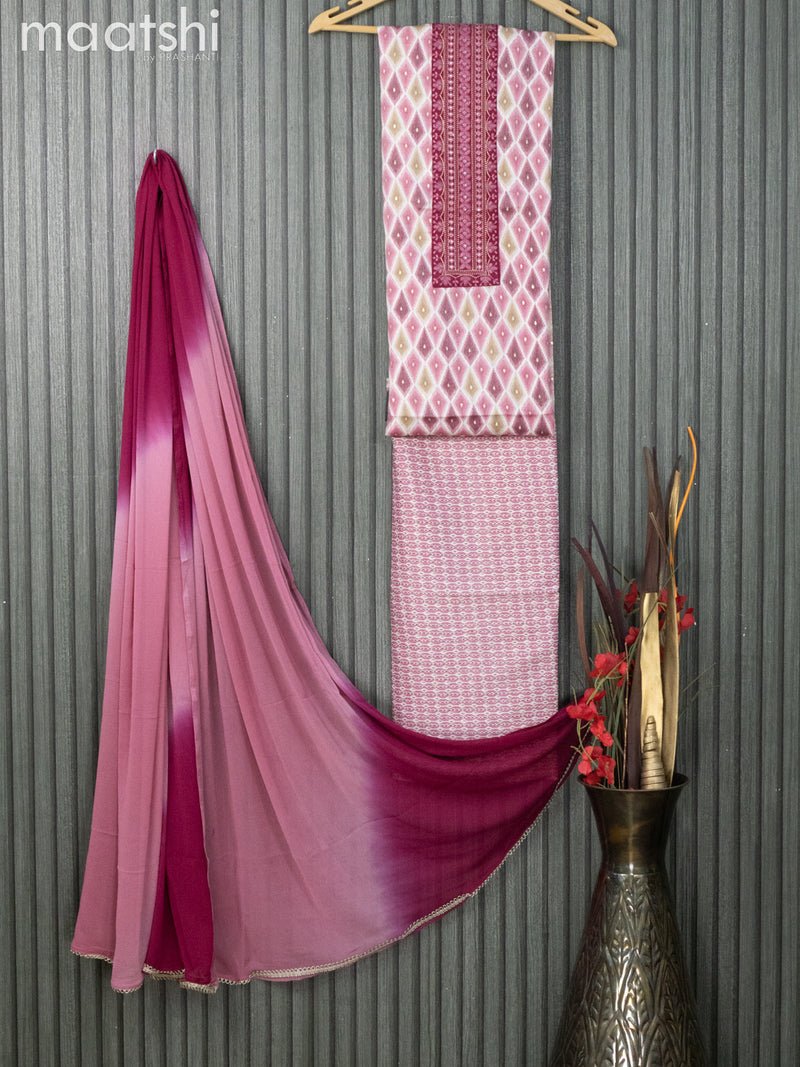 Cotton dress material mauve pink and cream with allover geometric prints & embroidery work neck pattern and bottom & chiffon dupatta