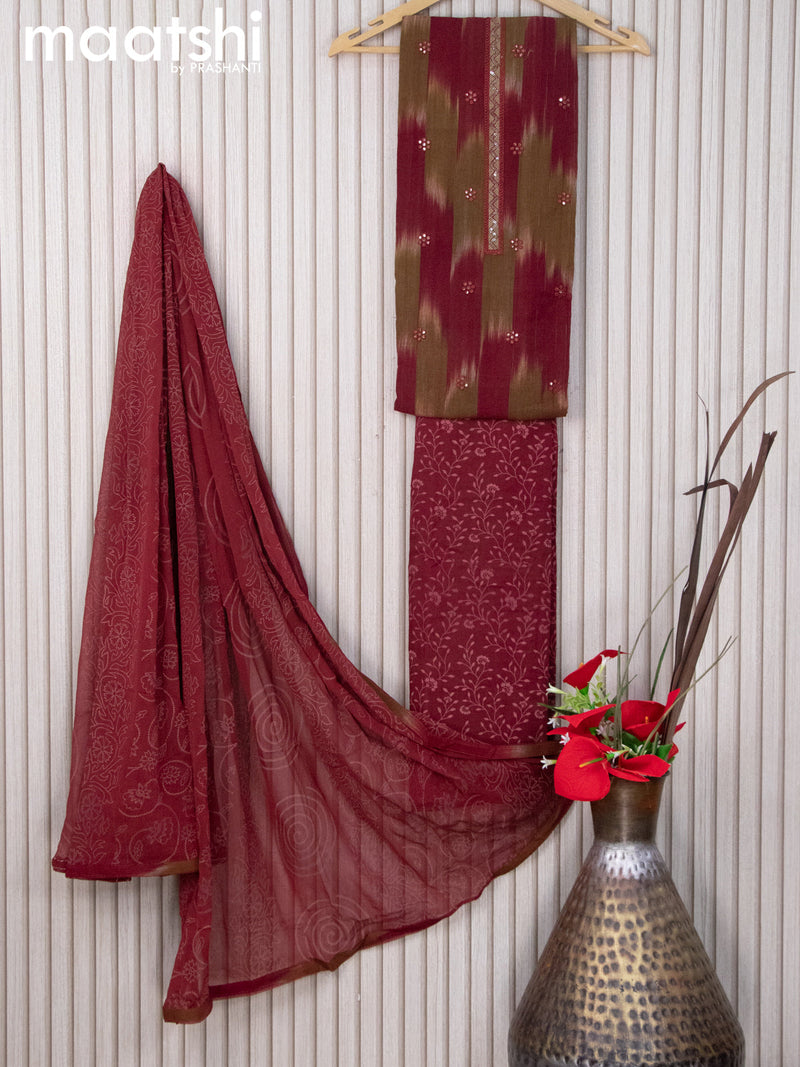 Cotton dress material maroon and mehendi green with allover ikat weaves & embroidery work buttas and bottom & chiffon dupatta