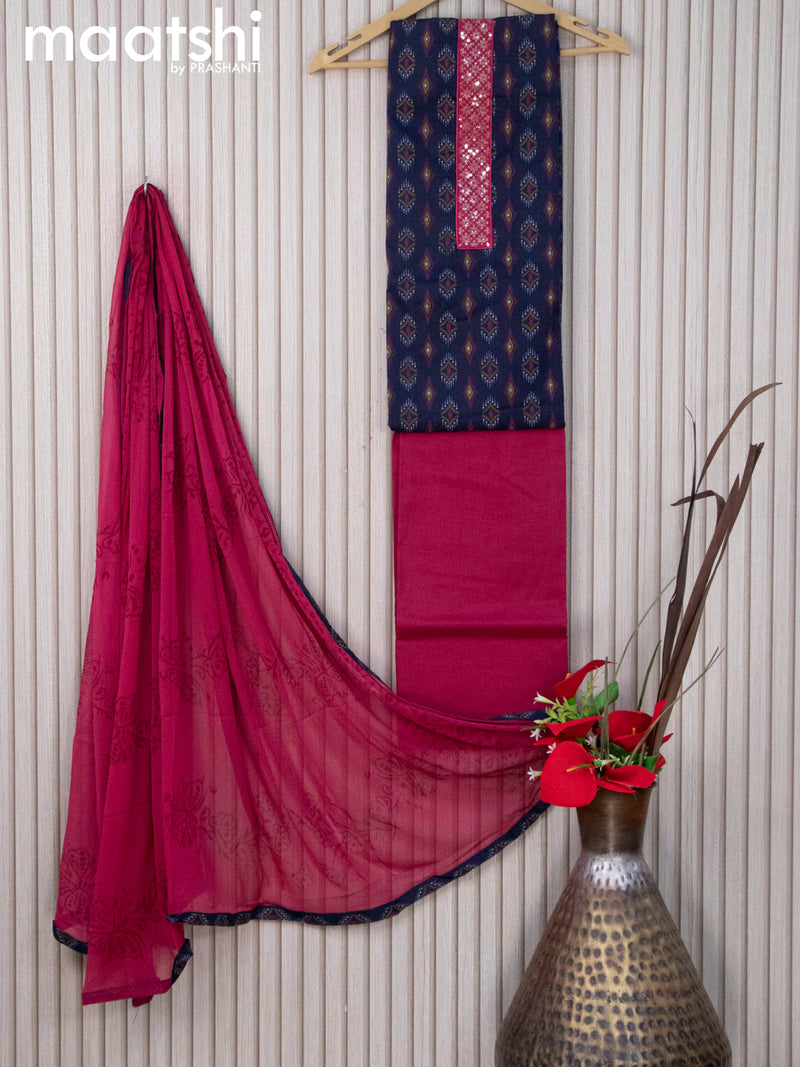 Cotton dress material dark blue and pink shade with butta prints & sequin work neck pattern and bottom & chiffon dupatta