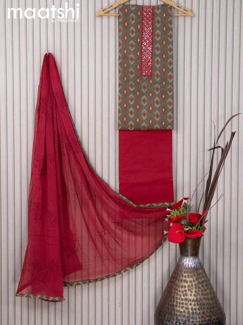 Cotton dress material military green and maroon with butta prints & sequin work neck pattern and bottom & chiffon dupatta