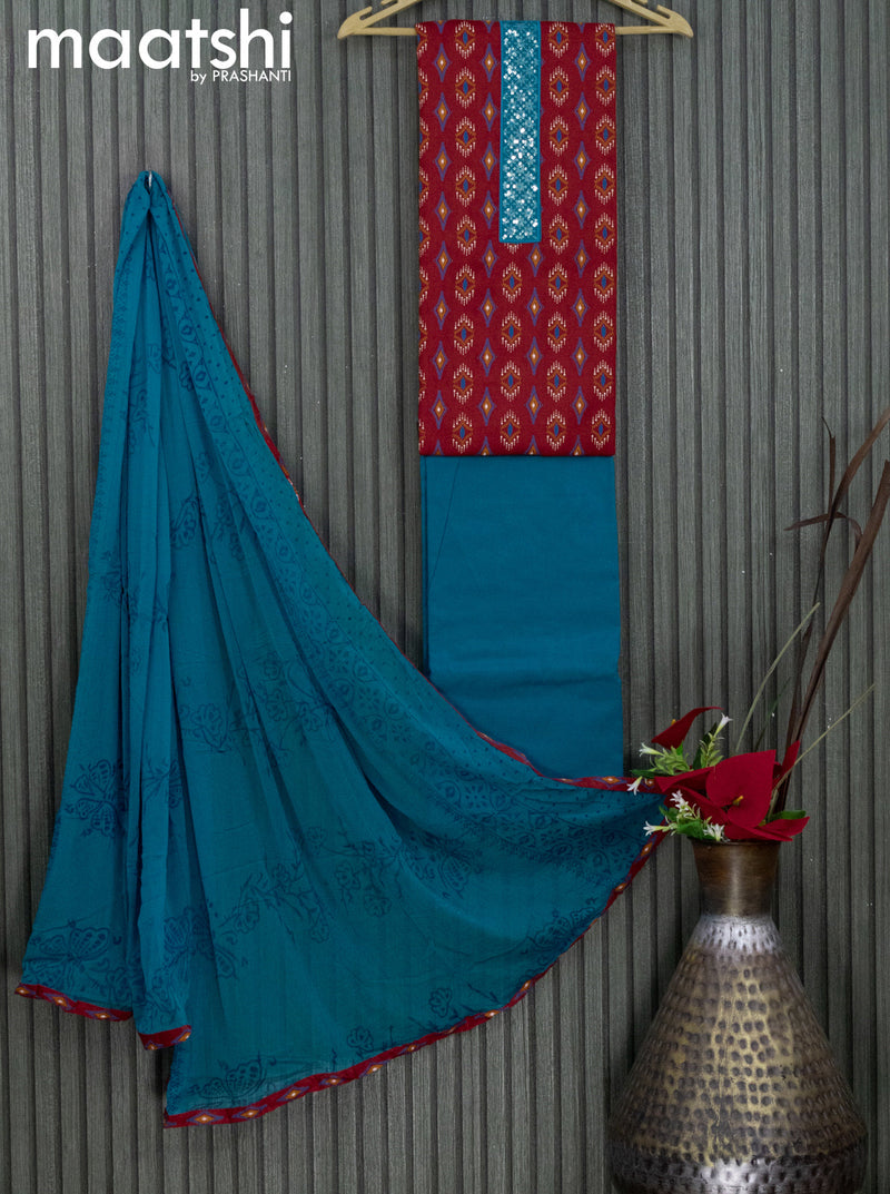 Cotton dress material red and blue with butta prints & sequin work neck pattern and bottom & chiffon dupatta
