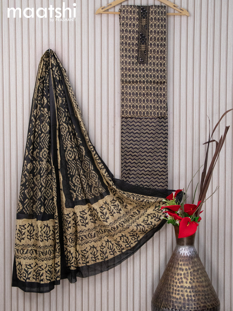 Cotton dress material beige and black with allover prints & embroidery patch work neck pattern and bottom & cotton dupatta