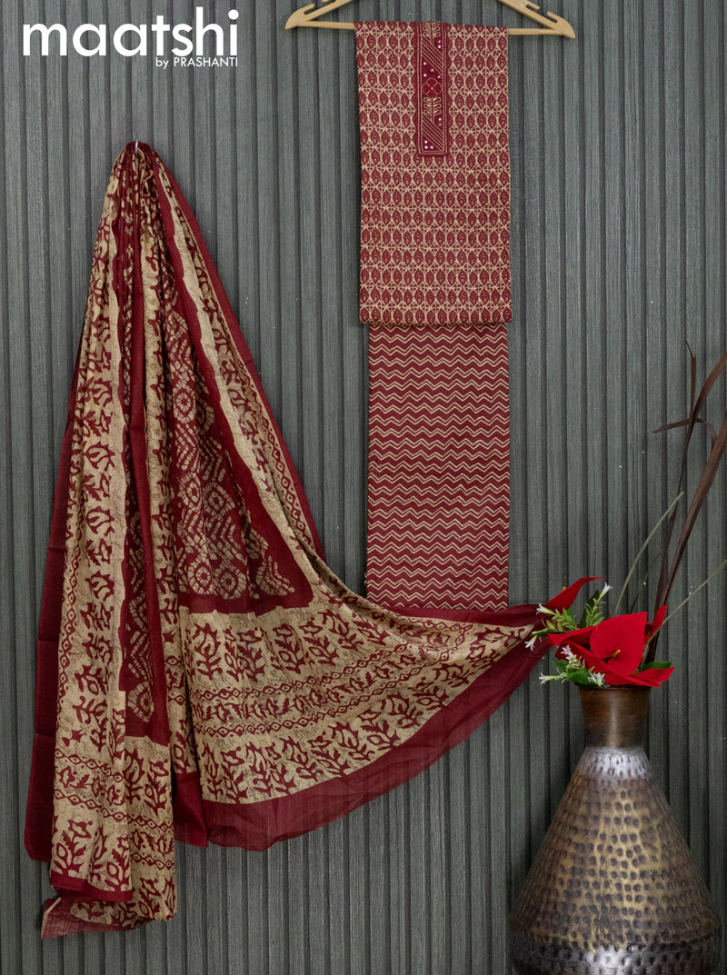 Cotton dress material beige and maroon with allover prints & embroidery patch work neck pattern and bottom & cotton dupatta