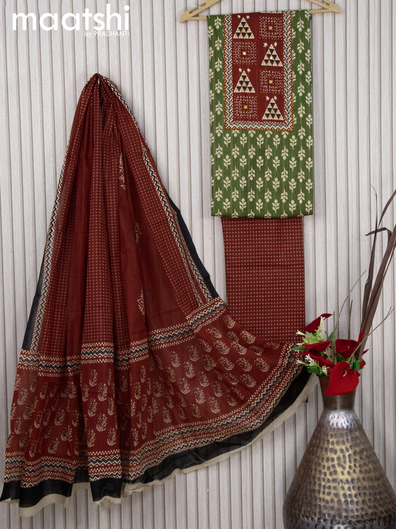 Cotton dress material sap green and brown with allover prints & embroidery work neck pattern and bottom & cotton dupatta