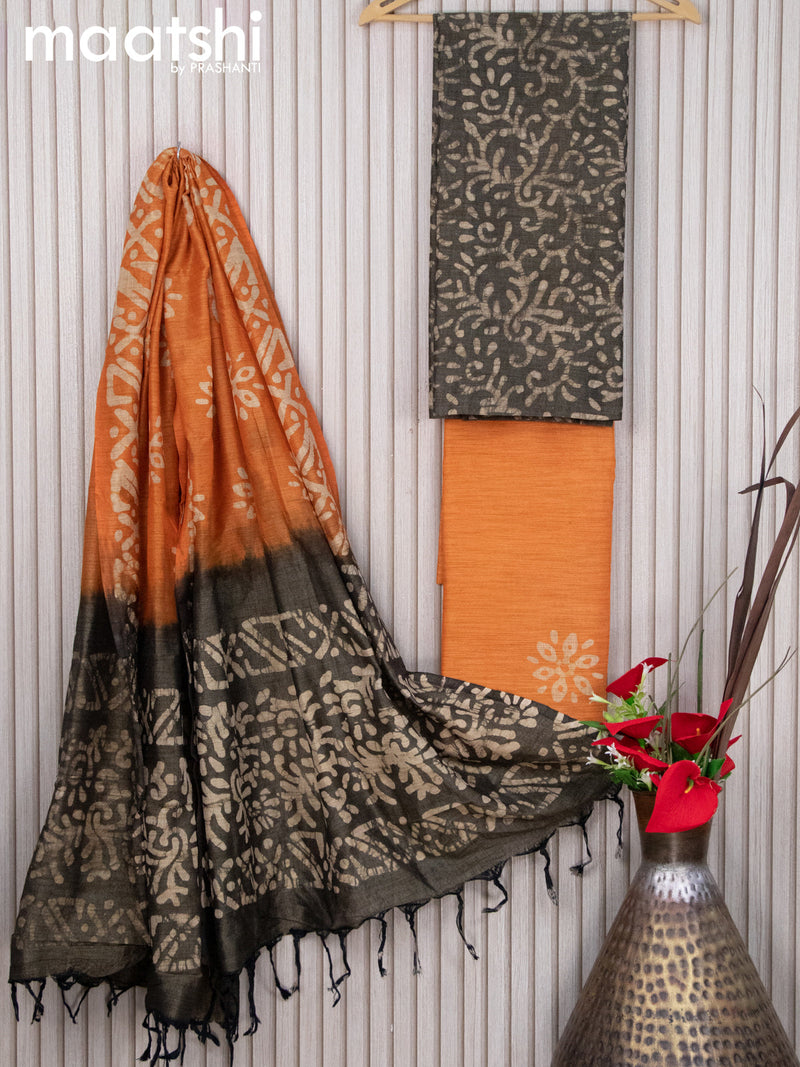 Rayon dress material elephant grey and orange shade with allover batik prints  and bottom & dupatta