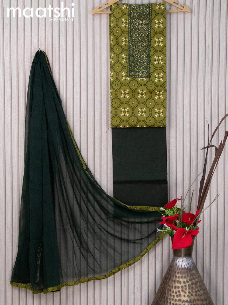Cotton dress material lime green and bottle green with allover prints & sequin work neck pattern and bottom & chiffon dupatta