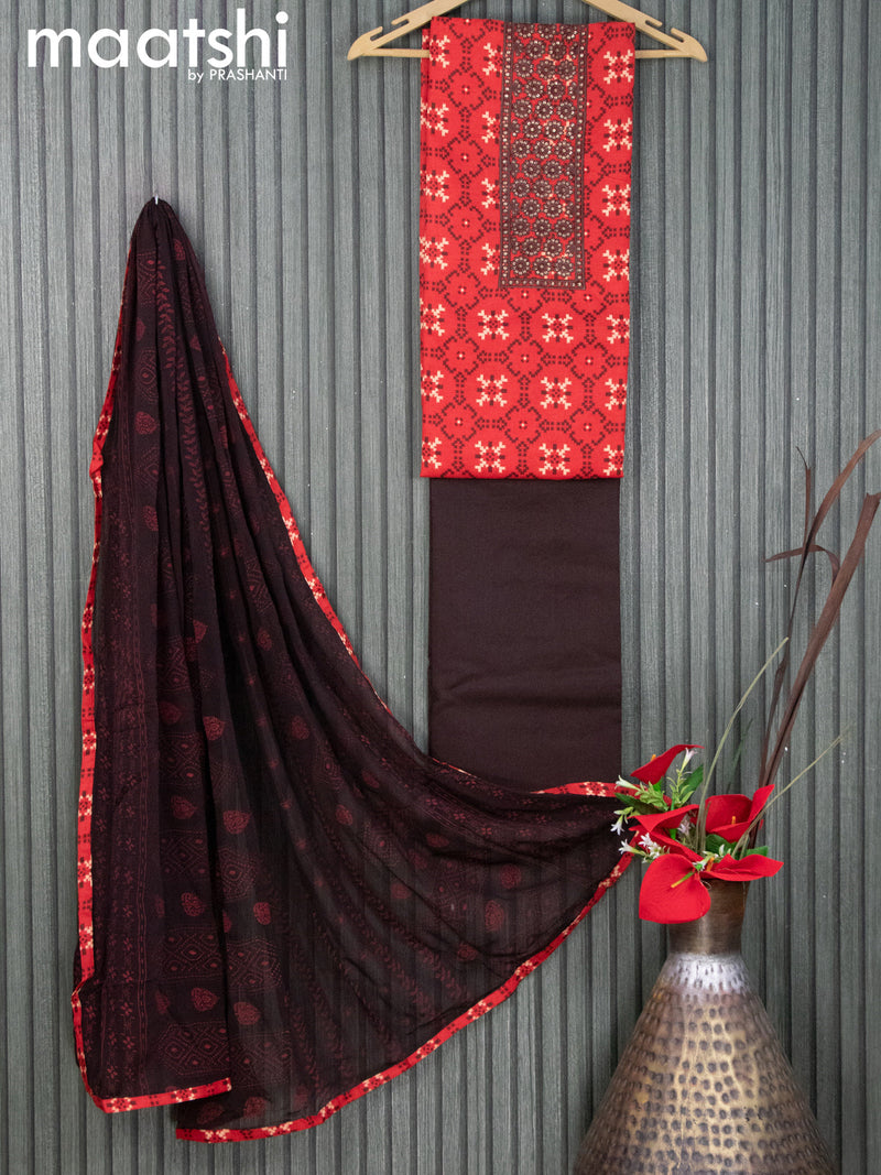 Cotton dress material red and deep coffee brown with allover prints & sequin work neck pattern and bottom & chiffon dupatta