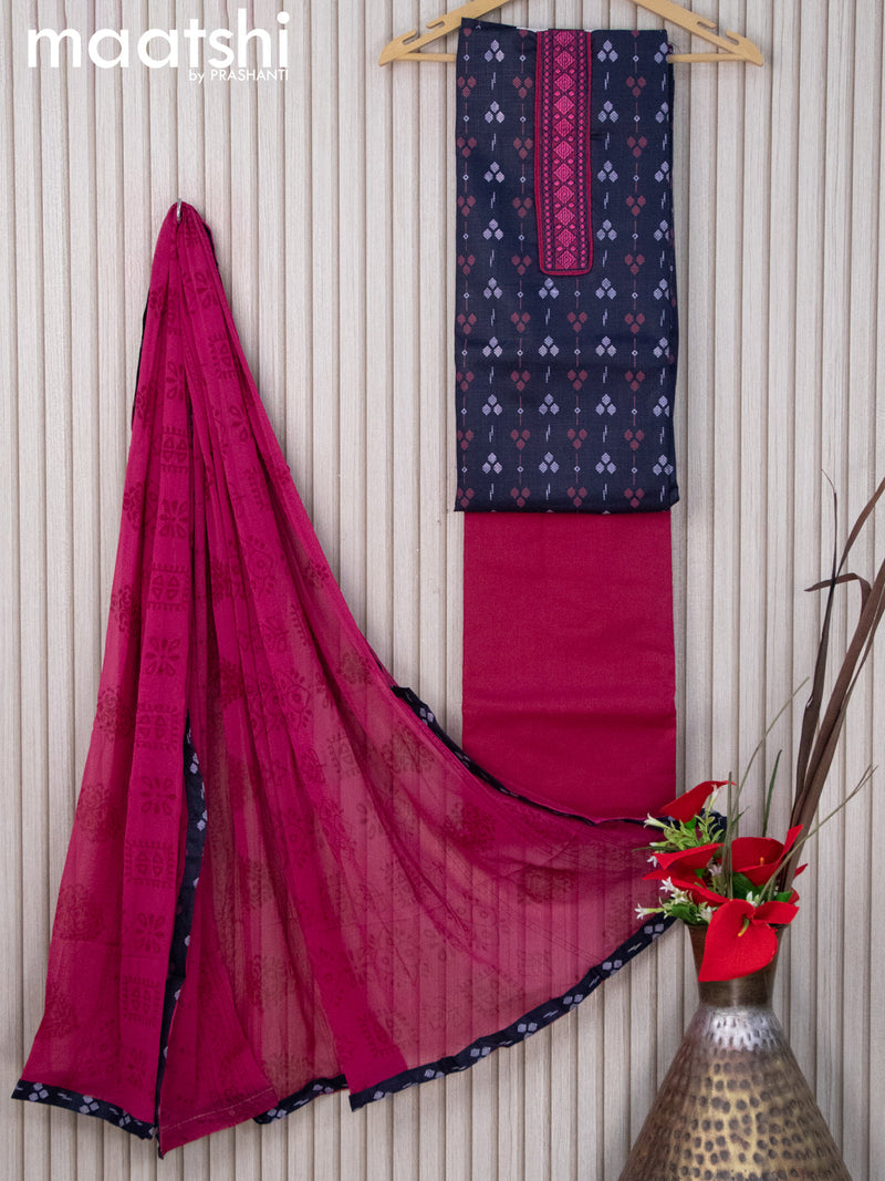 Cotton dress material dark navy blue and dark pink with butta prints & embroidery work neck pattern and bottom & chiffon dupatta