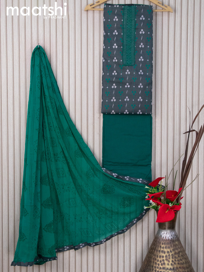 Cotton dress material grey and teal green with butta prints & embroidery work neck pattern and bottom & chiffon dupatta
