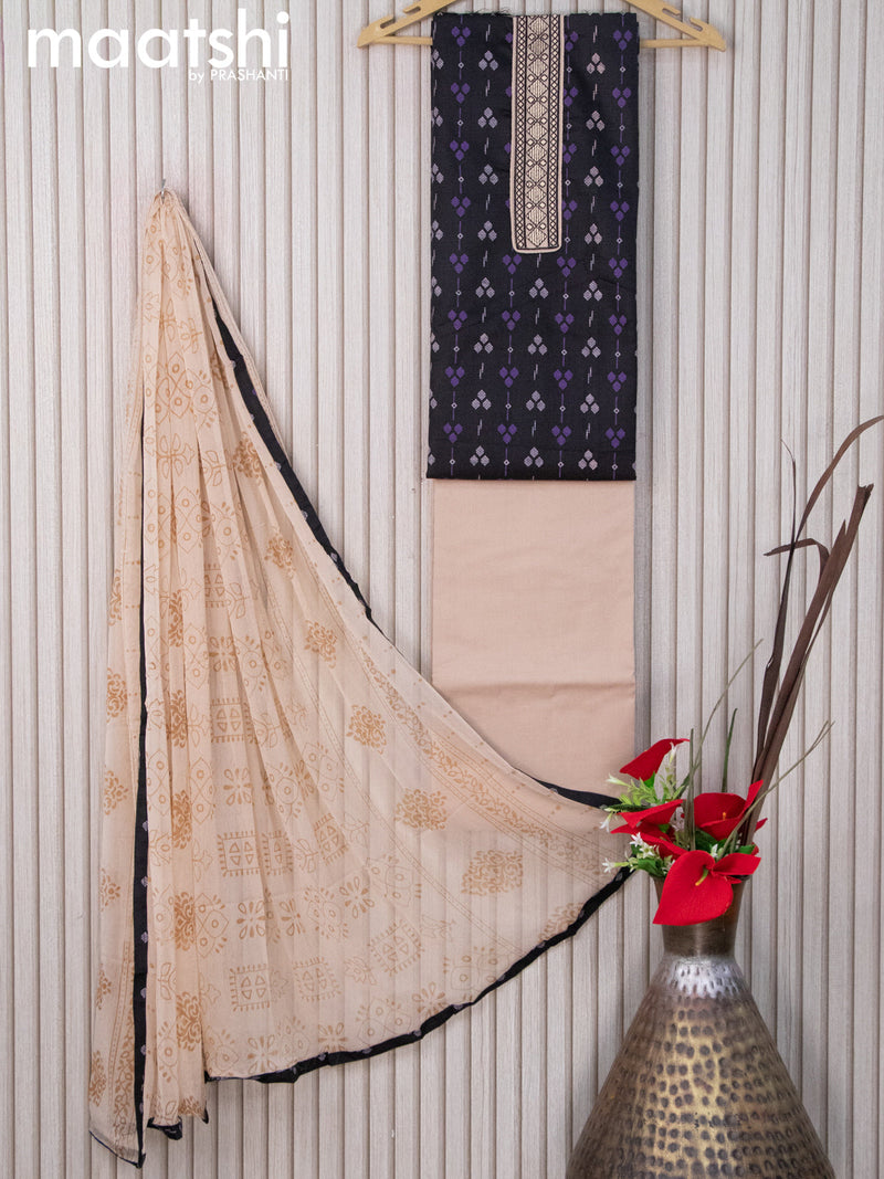 Cotton dress material black and cream with butta prints & embroidery work neck pattern and bottom & chiffon dupatta