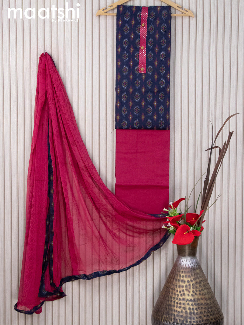 Cotton dress material dark blue and pink with butta prints & sequin work neck pattern and bottom & chiffon dupatta