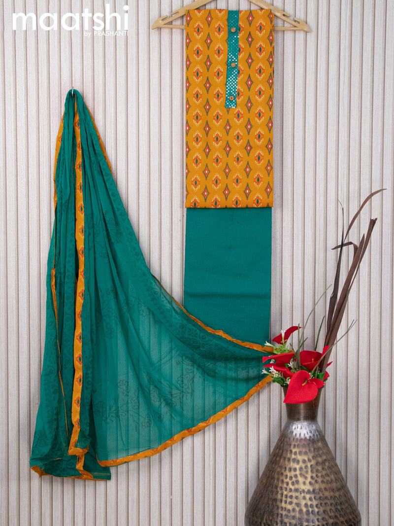 Cotton dress material mango yellow and teal green with butta prints & sequin work neck pattern and bottom & chiffon dupatta