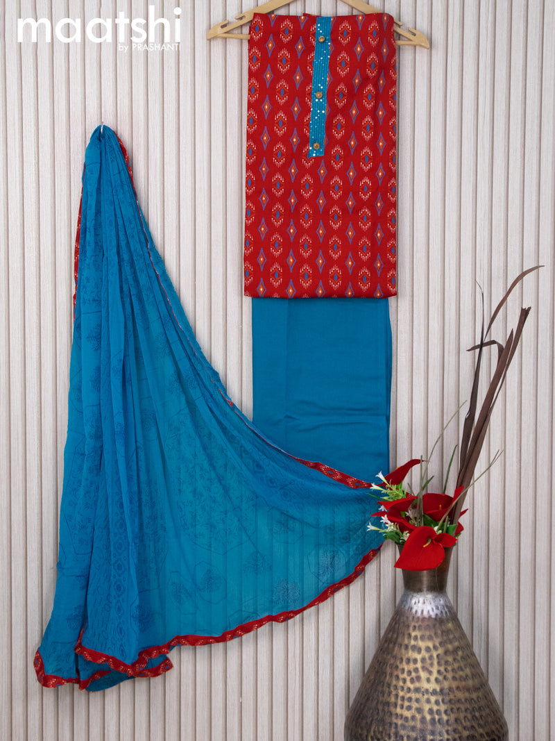Cotton dress material red and cs blue with butta prints & sequin work neck pattern and bottom & chiffon dupatta