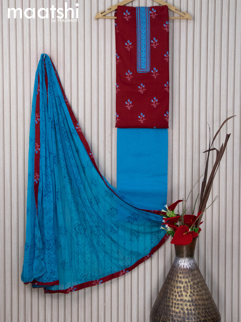 Cotton dress material maroon and cs blue with butta prints & embroidery work neck pattern and bottom & chiffon dupatta