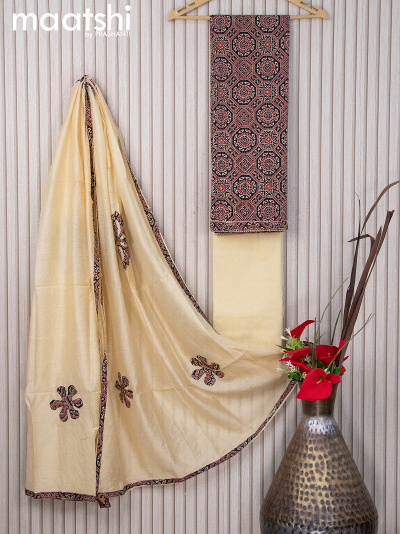 Cotton dress material black and sandal with allover ajrakh prints and bottom & dupatta