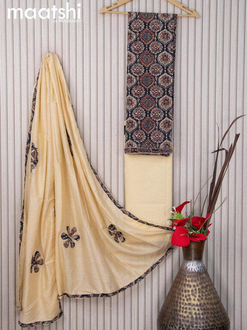 Cotton dress material black and sandal with allover ajrakh prints and bottom & dupatta