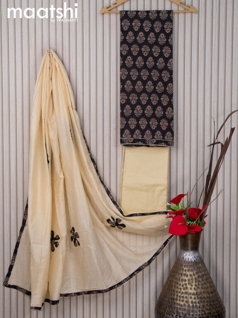 Cotton dress material black and sandal with allover ajrakh prints and bottom & dupatta