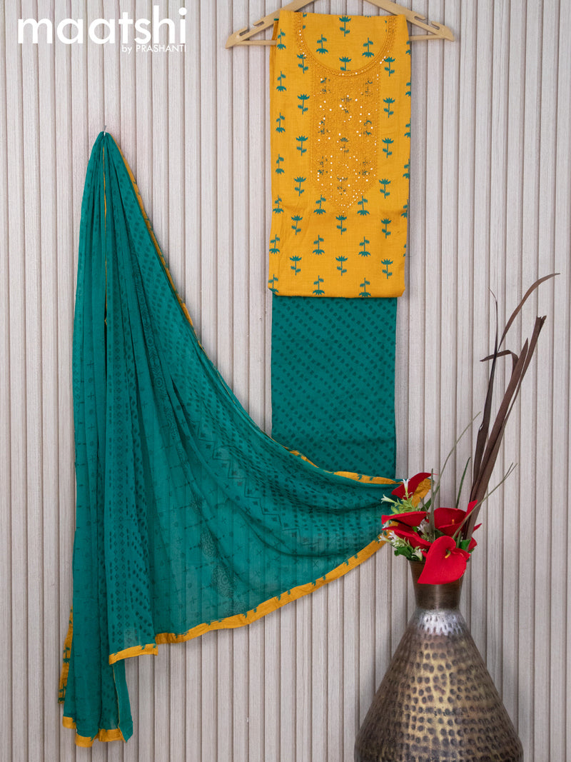 Cotton dress material yellow and teal with butta prints & sequin work neck pattern and bottom & chiffon dupatta