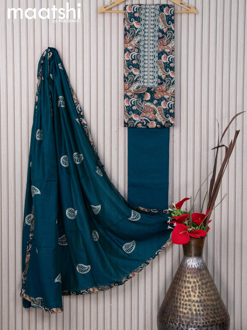 Cotton dress material peacock blue  with allover prints & embroidery work neck pattern and bottom & embroidery dupatta