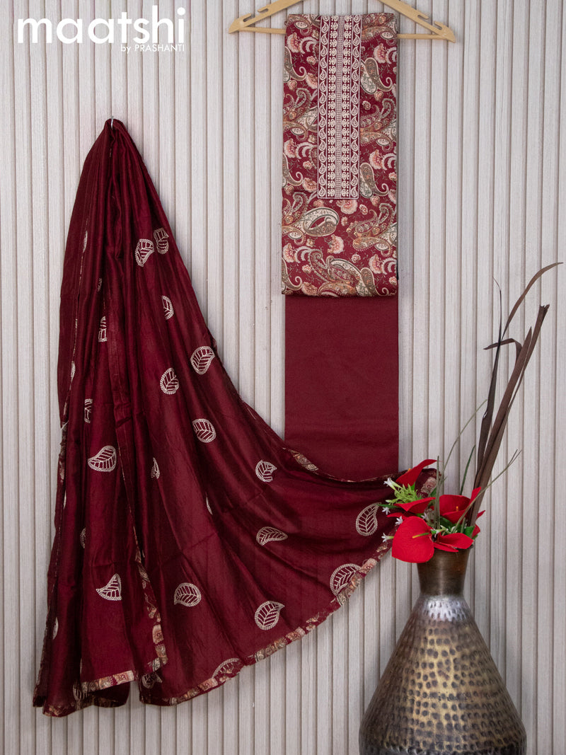 Cotton dress material maroon  with allover prints & embroidery work neck pattern and bottom & embroidery dupatta