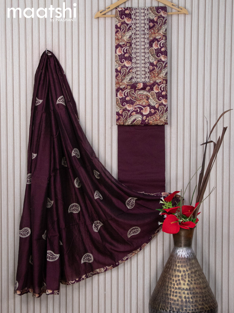 Cotton dress material deep purple  with allover prints & embroidery work neck pattern and bottom & embroidery dupatta