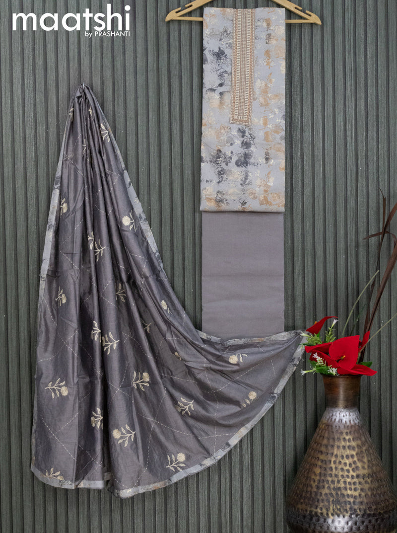 Cotton dress material grey  with allover prints & embroidery work neck pattern and bottom & dupatta