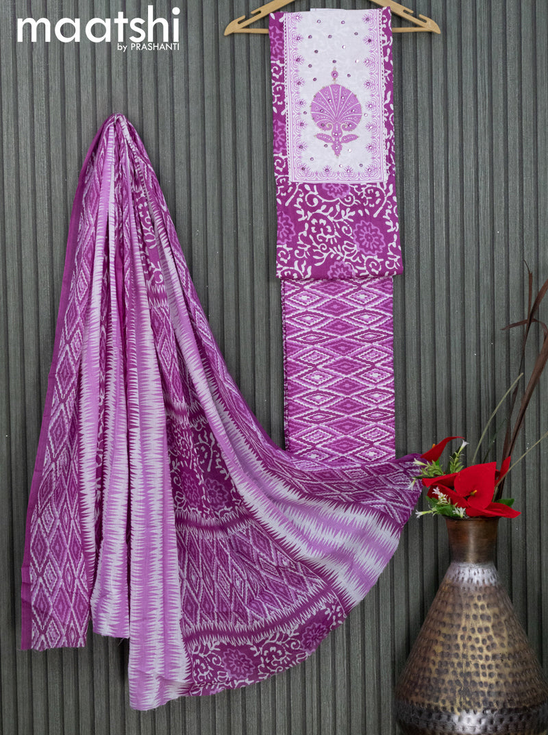 Cotton dress material purple and off white with allover prints & embroidery work neck pattern and bottom & dupatta
