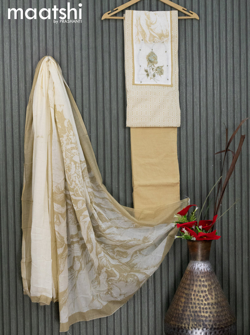 Cotton dress material sandal and off white with allover prints & floral design embroidery neck pattern and bottom & dupatta