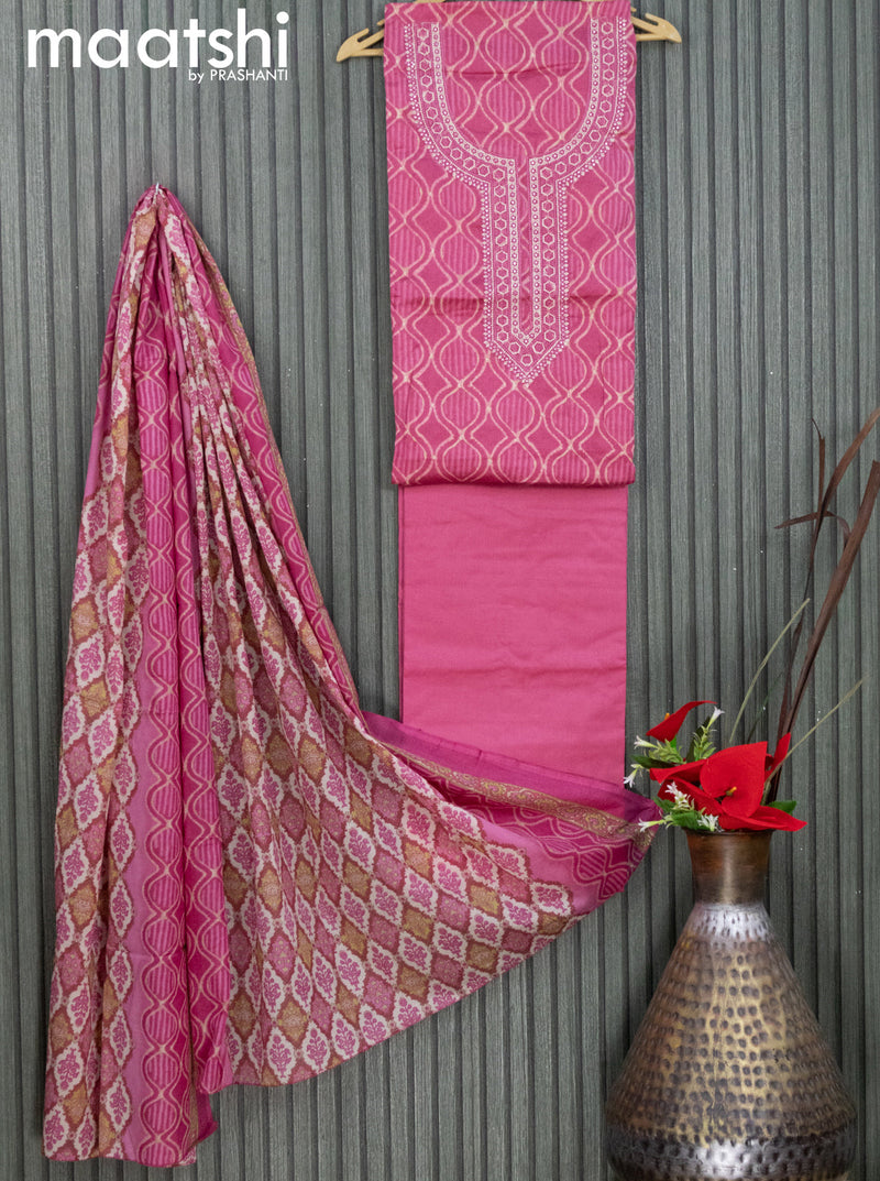 Cotton dress material pink  with allover geometric prints & embroidery work neck pattern and bottom & printed dupatta