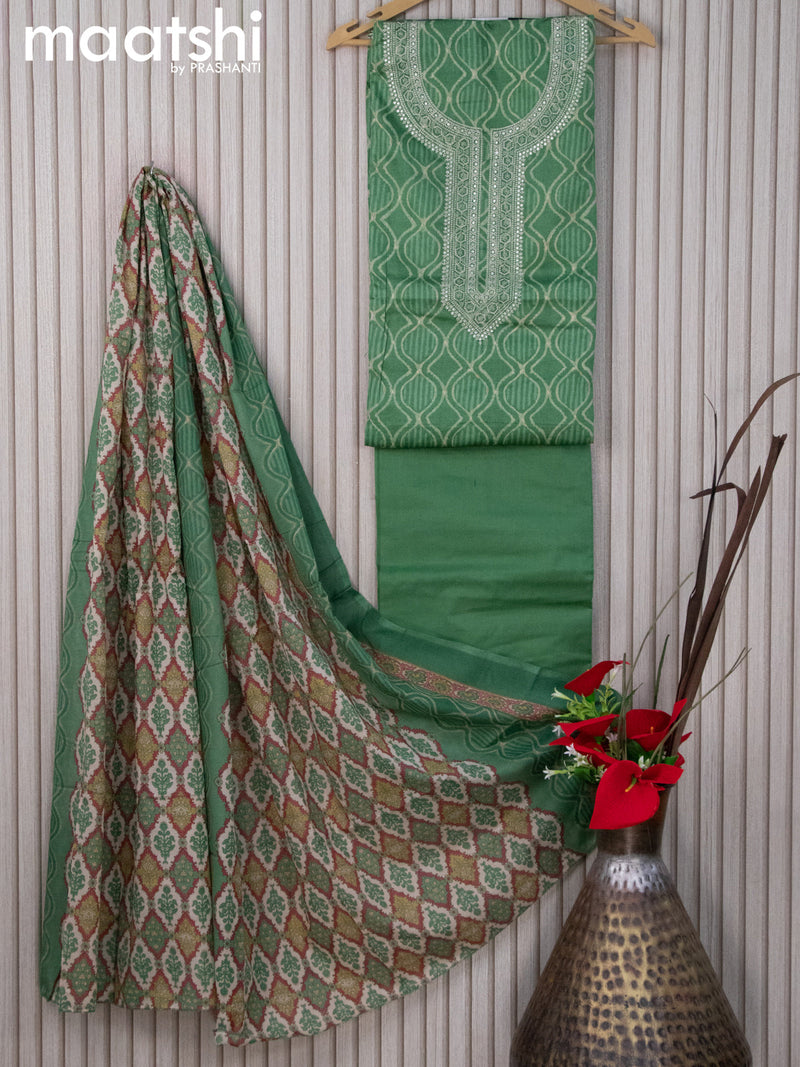 Cotton dress material green  with allover geometric prints & embroidery work neck pattern and bottom & printed dupatta