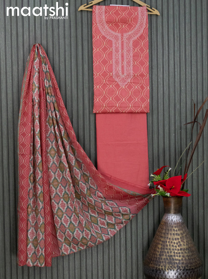 Cotton dress material pink shade  with allover geometric prints & embroidery work neck pattern and bottom & printed dupatta