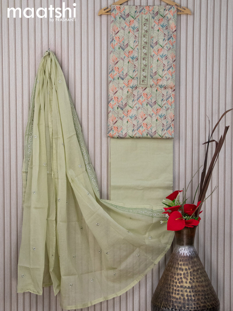 Cotton dress material pista green  with allover prints & embroidery patch work neck pattern and bottom & embroidery dupatta