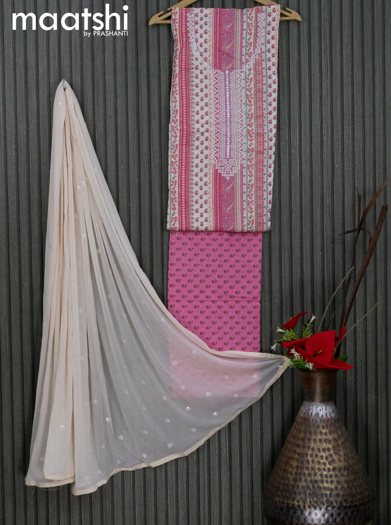 Cotton dress material off white and pink with allover prints & embroidery work neck pattern and bottom & cotton dupatta